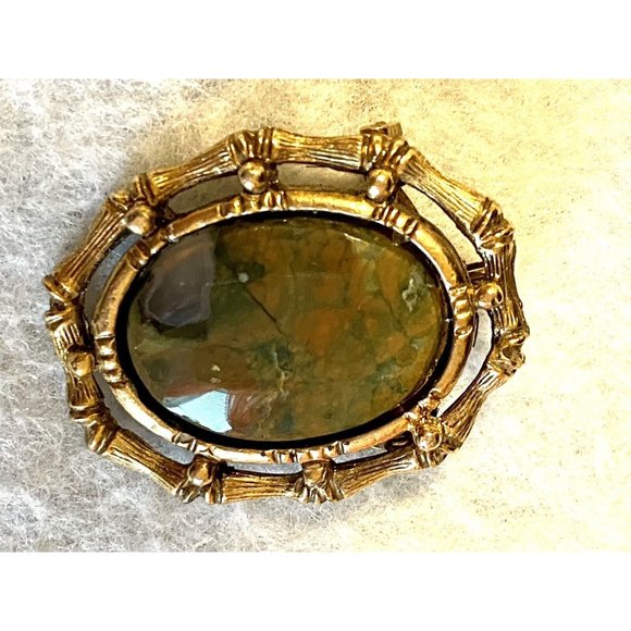 Vintage Rainforest Jasper Brooch/Pendant, 2” Gold Tone Bezel - Picture 3 of 4
